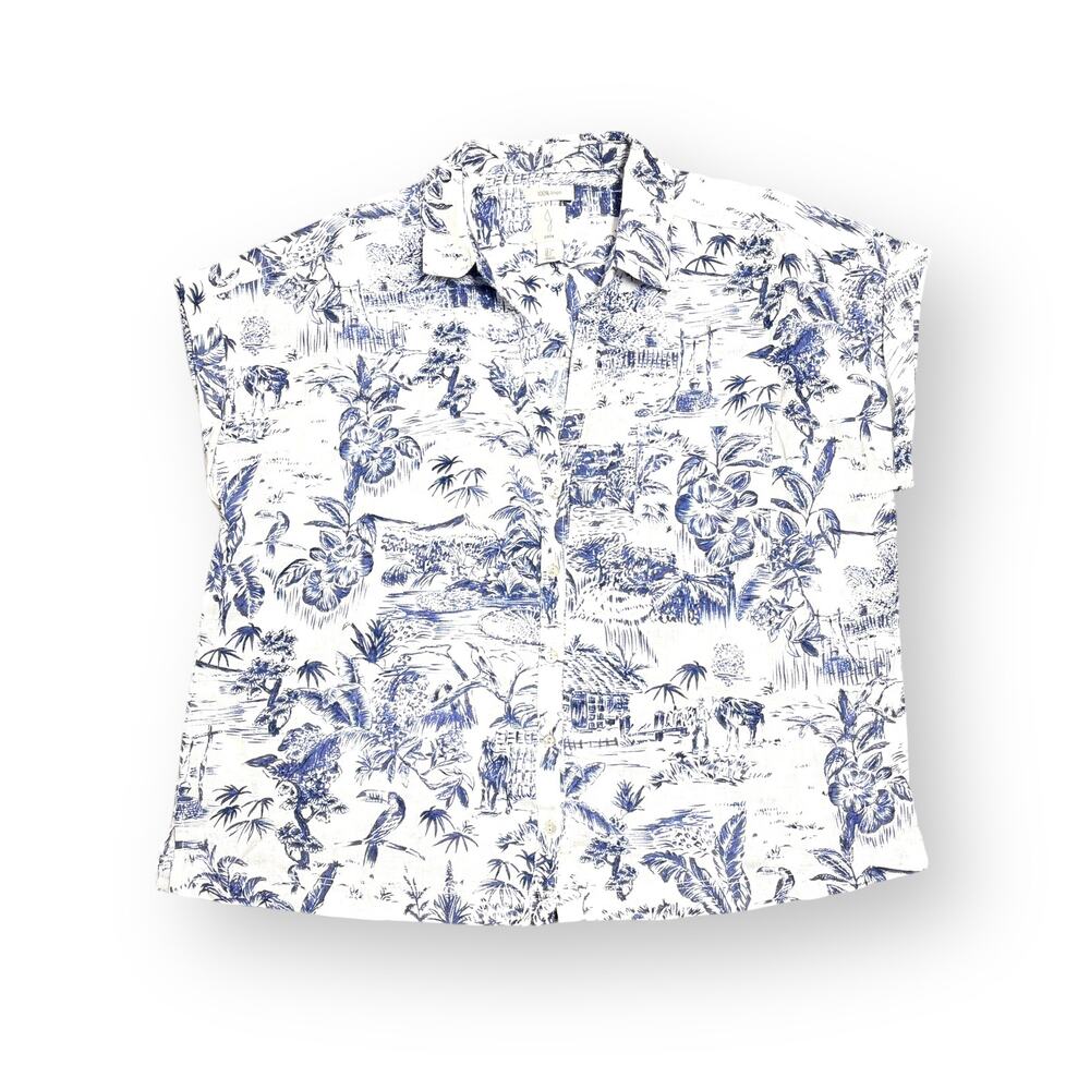 Joie White and Blue 100% Linen Collared Top - Size Large
